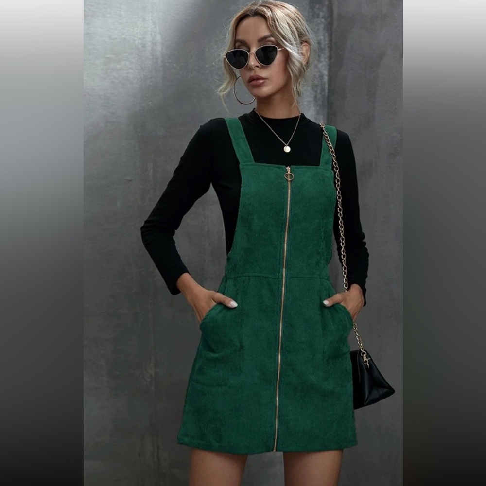 SHEIN O-Ring Green Zip Front Overall Mini Dress | Medium | Excellent Condition